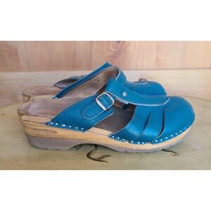 Troentorps Clogs EU 39 US 8 8.5 Teal Blue Leather Cutouts Wooden Sandals Comfort
